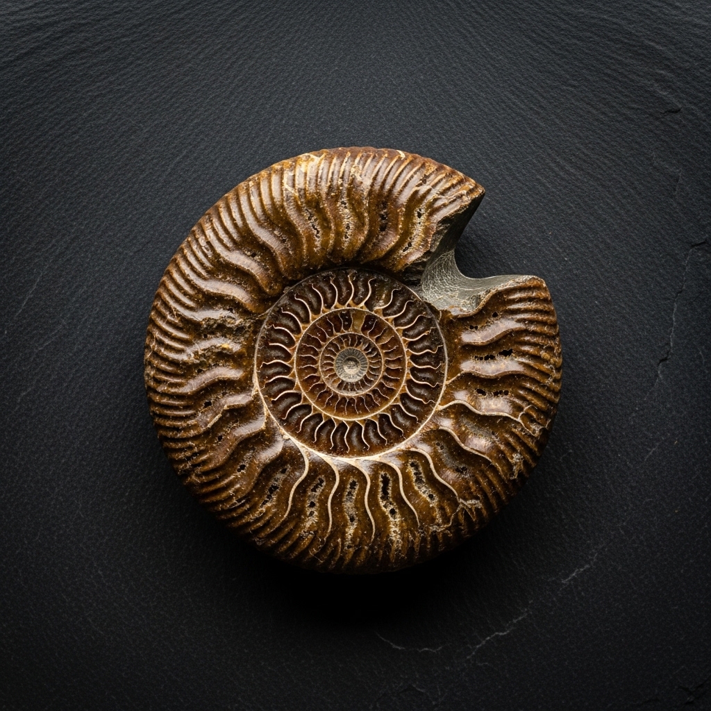 Spiralförmiger Ammonit-Fossil in grauem Gestein