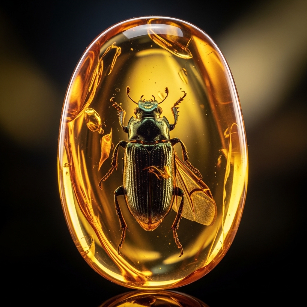 Goldgelbes Bernsteinstück mit einem eingeschlossenen kleinen Insekt