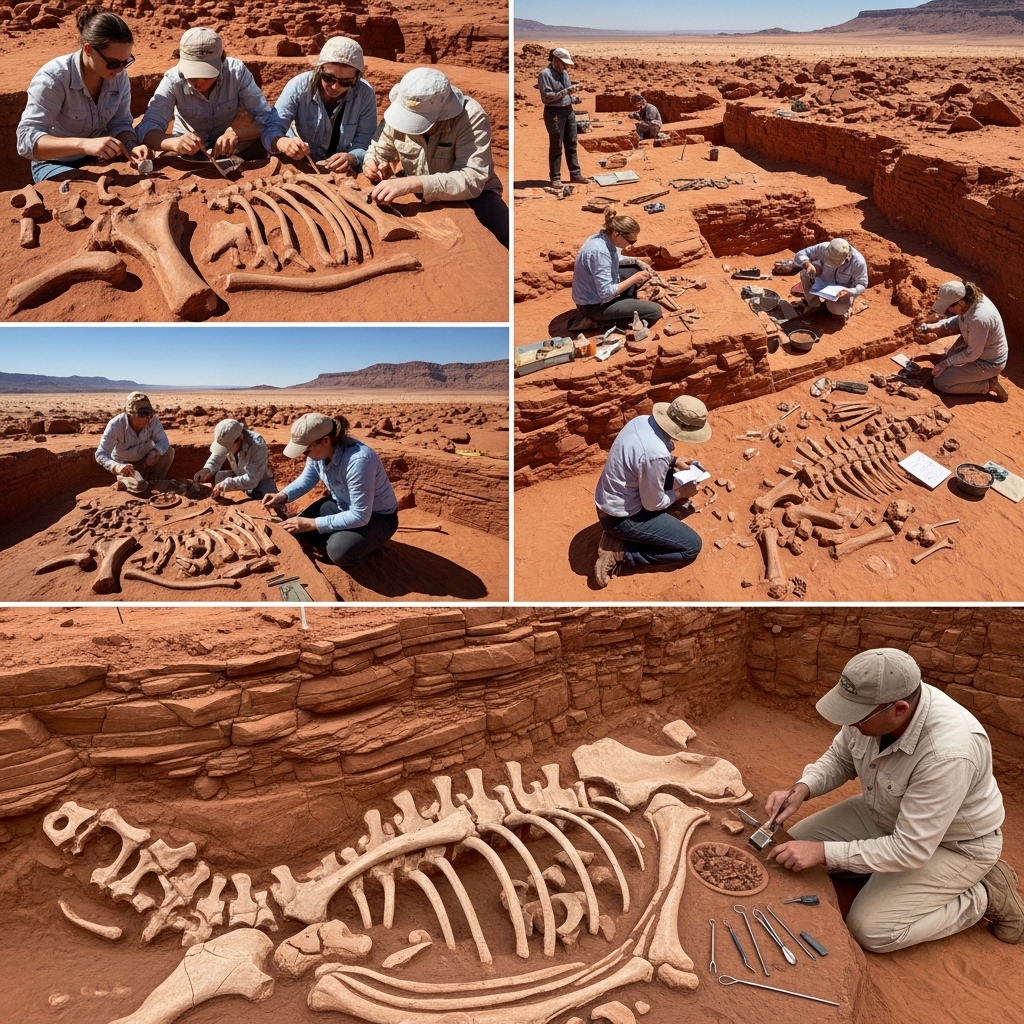 Freiliegende Dinosaurierknochen bei einer Ausgrabung im roten Gestein