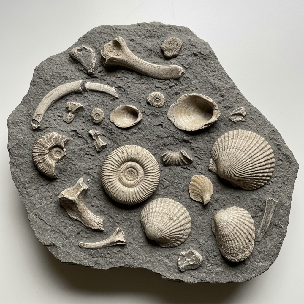 Mehrere versteinerte Fossilien eingebettet in einer grauen Steinplatte