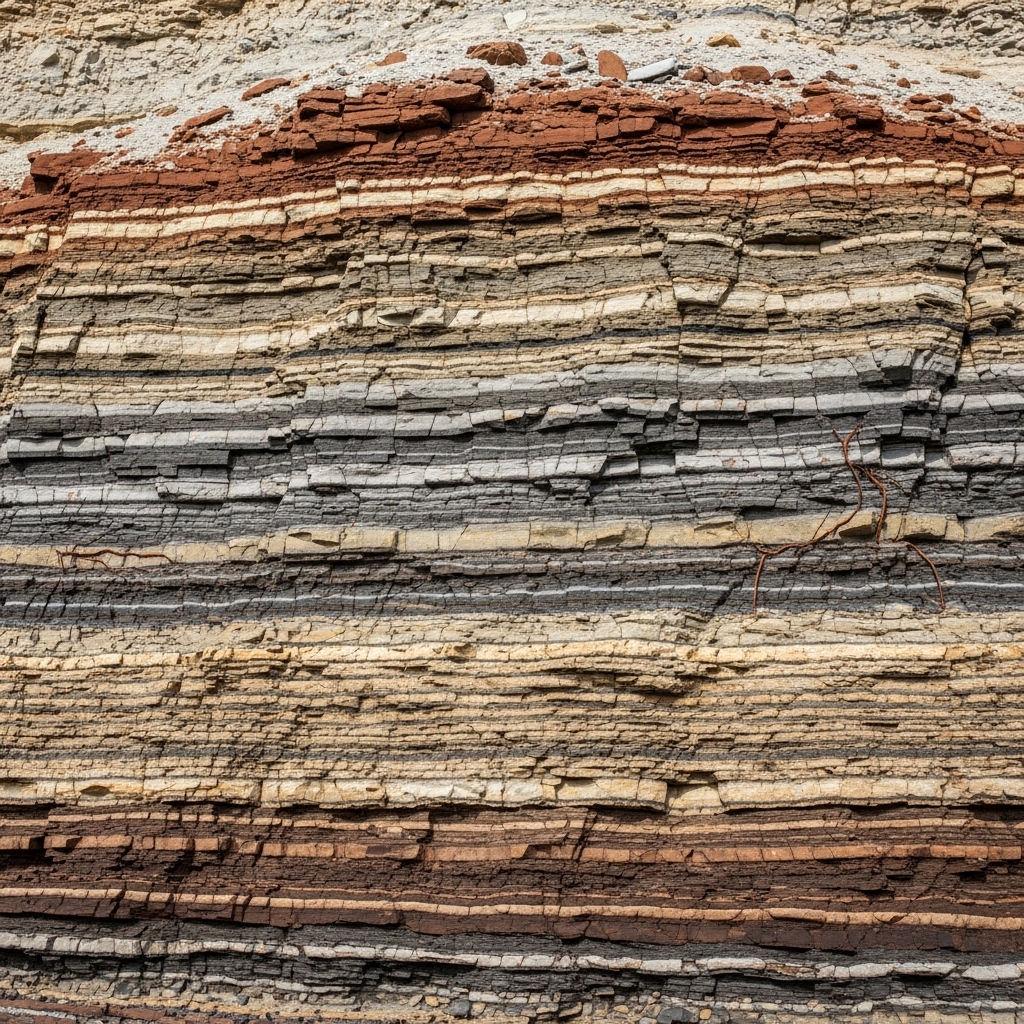 Horizontale Gesteinsschichten in einer Felswand, die verschiedene Erdzeitalter zeigen