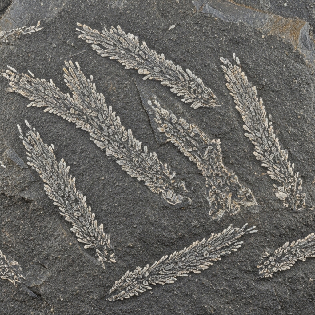 Fossil eines kolonialen Meereslebewesens auf dunklem Gestein