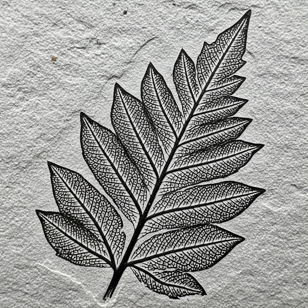 Schwarzer Blattabdruck eines Pflanzenfossils auf hellem Schiefergestein