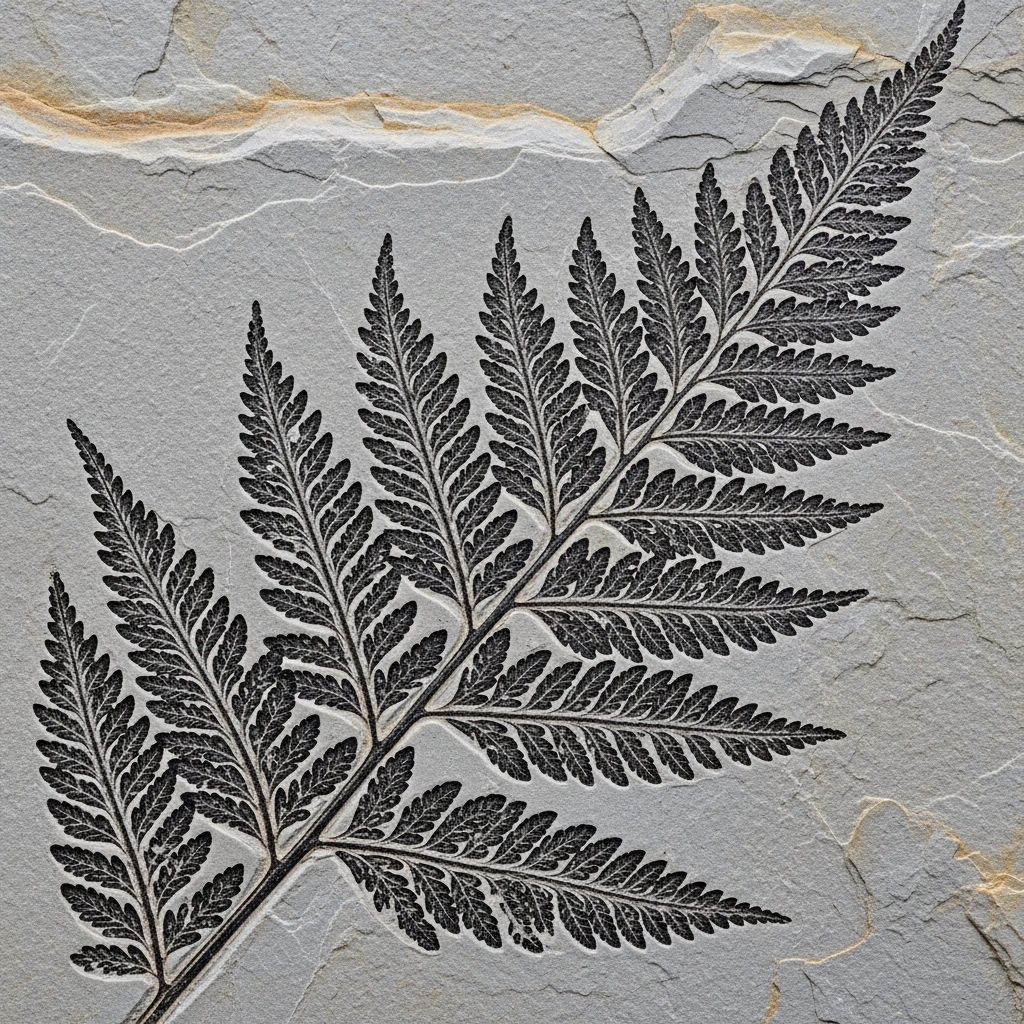 Dunkler Blattabdruck eines Pflanzenfossils im hellen Gestein