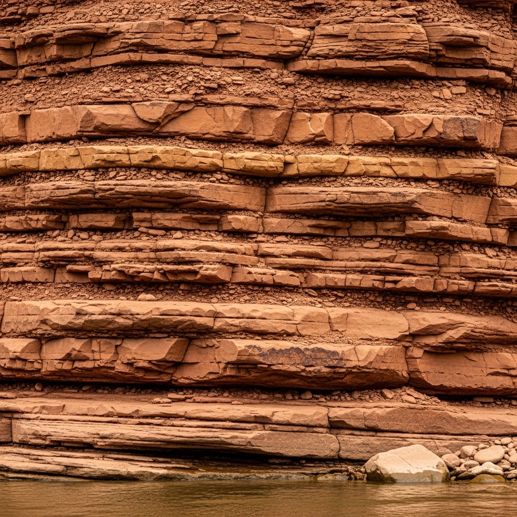 Rötliche Sedimentgesteinsformation am Ufer, durch Schichten geschichtet