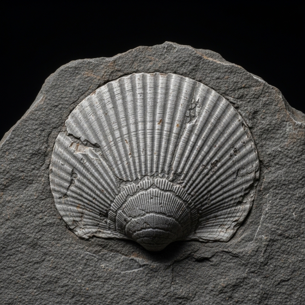 Fossile Schalen und Steinkerne verschiedener Meerestiere in grauem Gestein