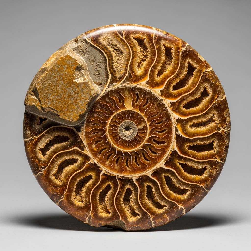 Spiralförmiger versteinerter Ammonit in ockerfarbenem Gestein