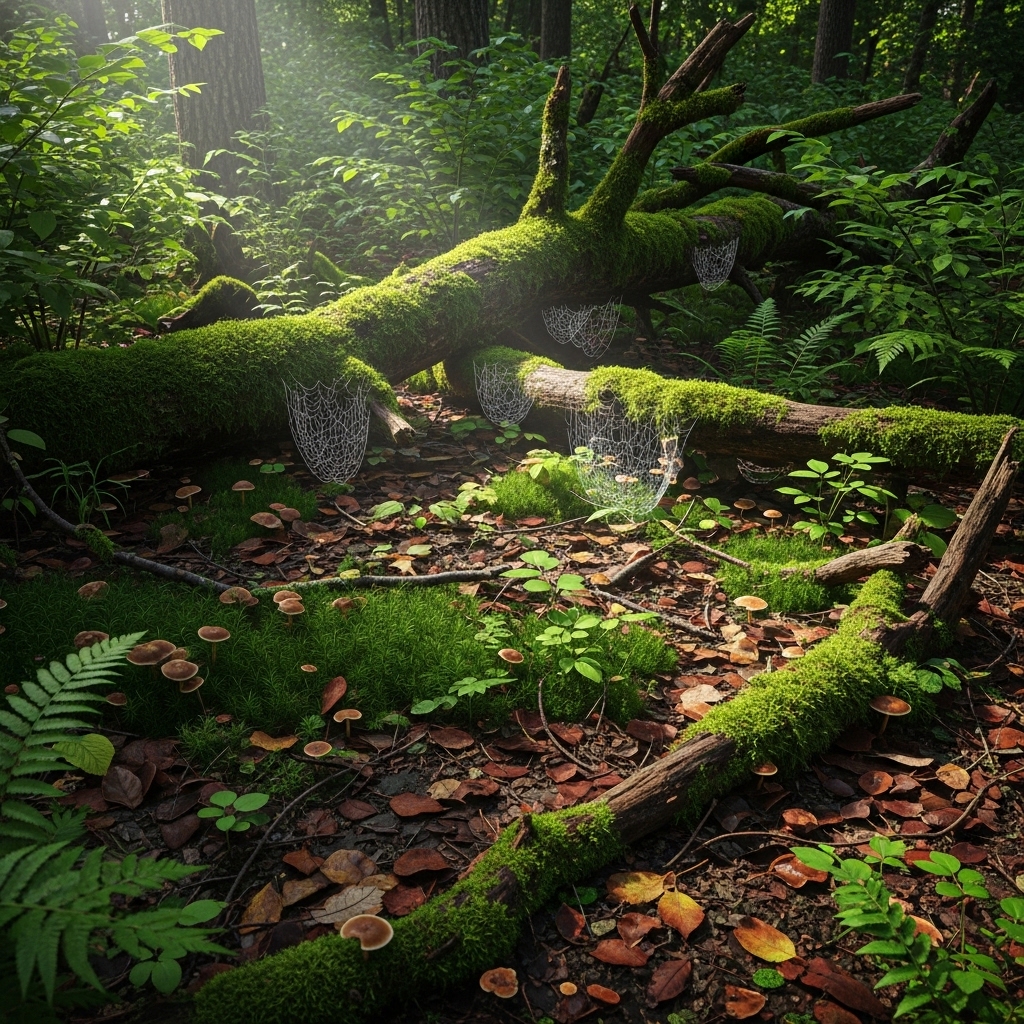 Dichter Wald mit herabgefallenen Ästen und Laub am Boden – Verwesung als natürlicher Prozess